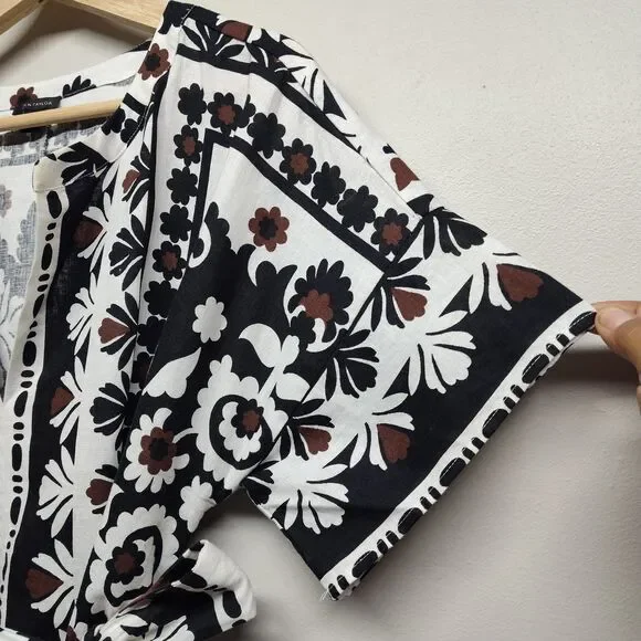 Ann Taylor Linen Blouse Top Women Size M White Floral Waist Tie Casual Feminine - Picture 3 of 9